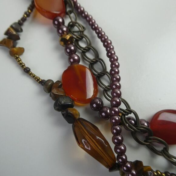 Multi Strand Grey Orange Red Beaded Faux Pearl Stone Plus Size Friendly Necklace - Picture 3 of 8